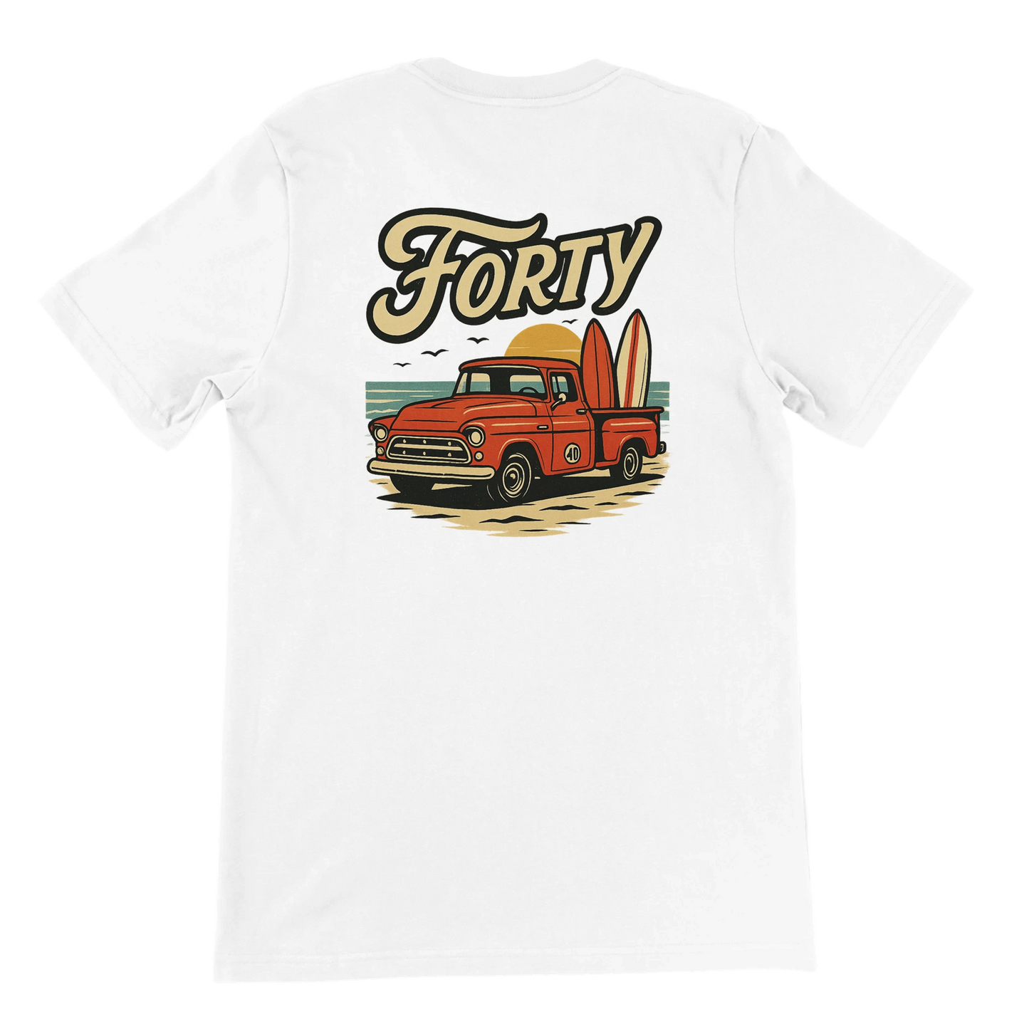 T-shirt Forty unisexe blanc motif hot rod rétro et planches de surf – style vintage océan